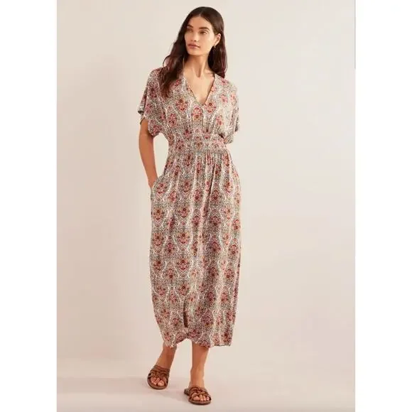 Boden | Dresses | Boden Smock Waist Jersey Maxi Dress Size 2 Floral Aline V  Neck Pockets Stretch | Poshmark